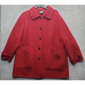 Geiger Fleece Pea Coat Women 48 Red Pure Austria Wool Pouch Pockets Button Front